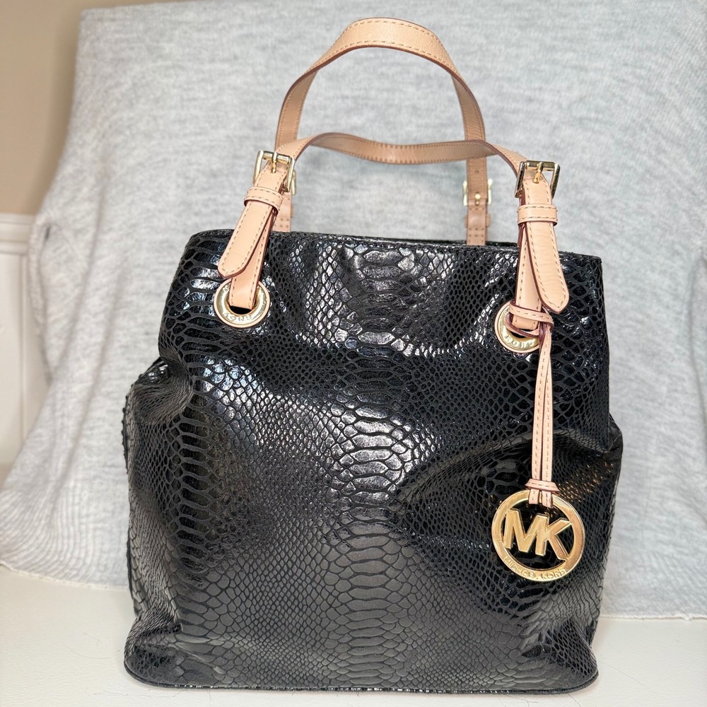 Michael Kors Purse Black Snakeskin Embossed Leather Shoulder Tote Bag Gold Charm
